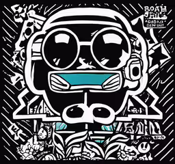 a drawing of a dog with glasses and a blue headband,the front cover of the album,