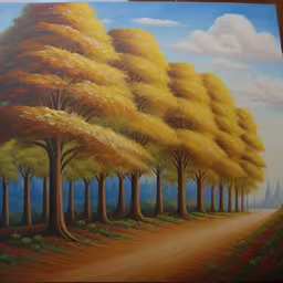 a painting of trees and a dirt path,painting of trees near a road with blue sky,this painting shows the pathway of trees with yellow leaves on it,a painting of a pathway lined with trees,a painting of a yellow tree lined country road