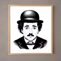 a painting on the wall shows a man with a mustache and bowler hat