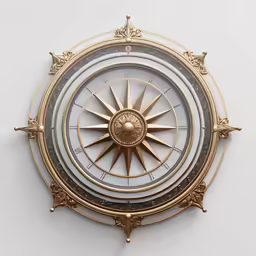 a compass designed with brass is mounted on a wall