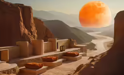 an artistic landscape with a desert scene and orange planet
