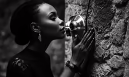 woman kissing a rock and drinking out of an interesting cup