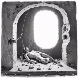 naked girl laying on the ground in front of window