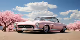 a classic pink car on the side of the road