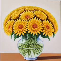 a painting of a vase filled with yellow sunflowers,a picture of a vase full of yellow flowers