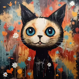 painting of an adorable kitty wearing a black shirt with blue eyes