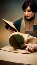 the woman is holding the hat on the table
