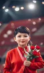 a woman holding flowers while standing on top of a stage