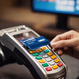 a person uses a credit card to purchase a phone,a person using a cell phone with a credit card attached