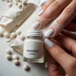 hands holding white nail polish with silver tip and studded top