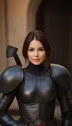 a woman in black leather is posing