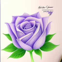 drawing a purple rose on paper and colored in,a drawing of a flower on a sheet of paper,an image of a drawing of a rose,drawing purple rose with leaves and green leaves,drawing of a pink rose with green leaves and writing on the side