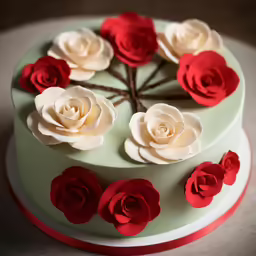 a decorated cake with red and white flowers on top