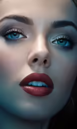 a woman with blue eyes wearing red lipstick