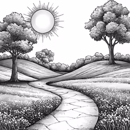 a black and white drawing of trees and a pathway