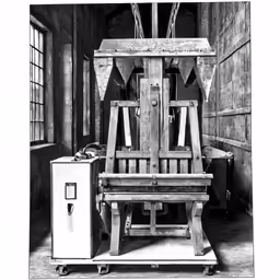 there is an old style alter with two wooden benches and a refrigerator