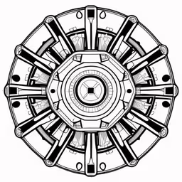 an art print featuring a circular wheel of some sort,a black and white drawing of an abstract design,black and white sketch of an abstract circular object with different objects inside it,a circular object that has four small gears attached to it,a black and white circular object with gears