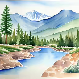 a watercolor painting of a rocky river flowing towards a forest,watercolor painting of a mountain lake,a watercolor drawing of mountains and a river,a watercolor painting of a mountain and river,this painting depicts a watercolor painting of mountains and trees