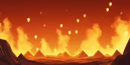 an orange background with hot air balloons floating over the ground