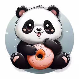 the panda with a doughnut sits and smiles