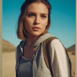 young woman in hoodie looking at camera with desert in background