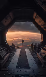 a person standing in a darkened looking hangar