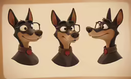 three different 3d renderings of a dog wearing glasses
