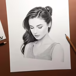 a pencil drawing of a woman with a bun on top