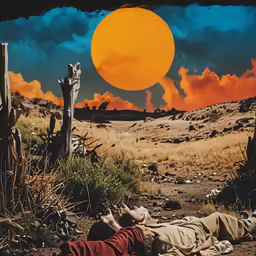 a man lays down on a road next to desert grass and cacti