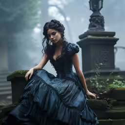 a beautiful young woman sitting on steps wearing a long blue dress,a woman sitting on top of a cement structure in a forest