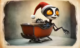 a small cartoon skeleton in a santa hat with gifts inside