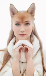 a girl in a white coat has a fur cap on