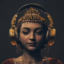 a model wearing headphones, adorned with gold jewelry