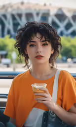 a woman sitting in a car with a glass in her hand