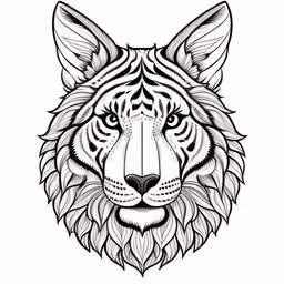 an adult tiger face, hand drawn in a line art style,an adult tiger with detailed details on the front and side of its face,an ornate head of a wolf with decorative flowers,a fox