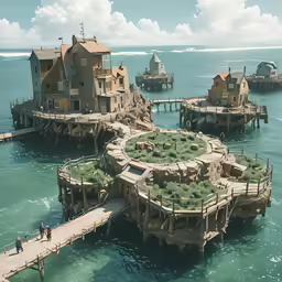 two people on a dock overlooking an island in the ocean