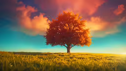 the image is of an orange tree on a hill,an artistic painting of a tree on a hillside