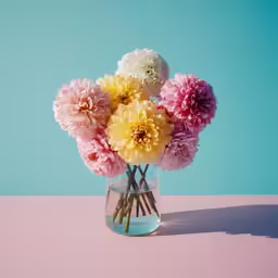 a vase filled with colorful flowers on top of a pink table