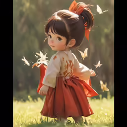 a girl is wearing a dress with butterflies on her head