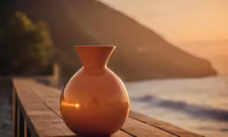 a light vase is on a wood bench in front of the ocean
