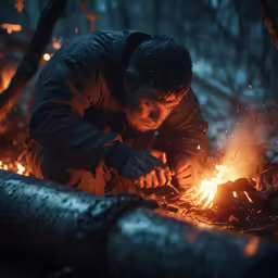 a man in the dark making fire in a forest
