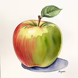 the apple is painted in watercolor on paper,a watercolor painting of an apple with a green leaf