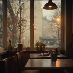 the dining table has a book and cup on it near two large windows