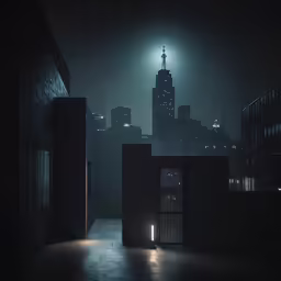 an empty room in front of a city with a big tower