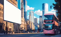 a double decker bus drives down a street near large city buildings