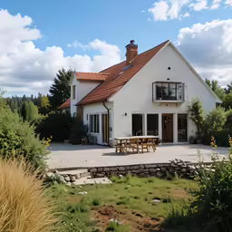 a house with many chairs and tables outside