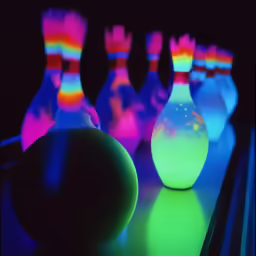 a line up of glowing bowling balls next to each other