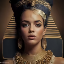 a woman in a golden necklace and gold earrings