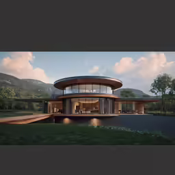 the round house is surrounded by grass, water and trees