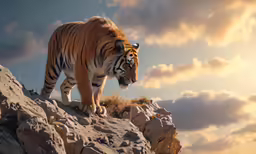 the tiger stands on a rock in front of the sun